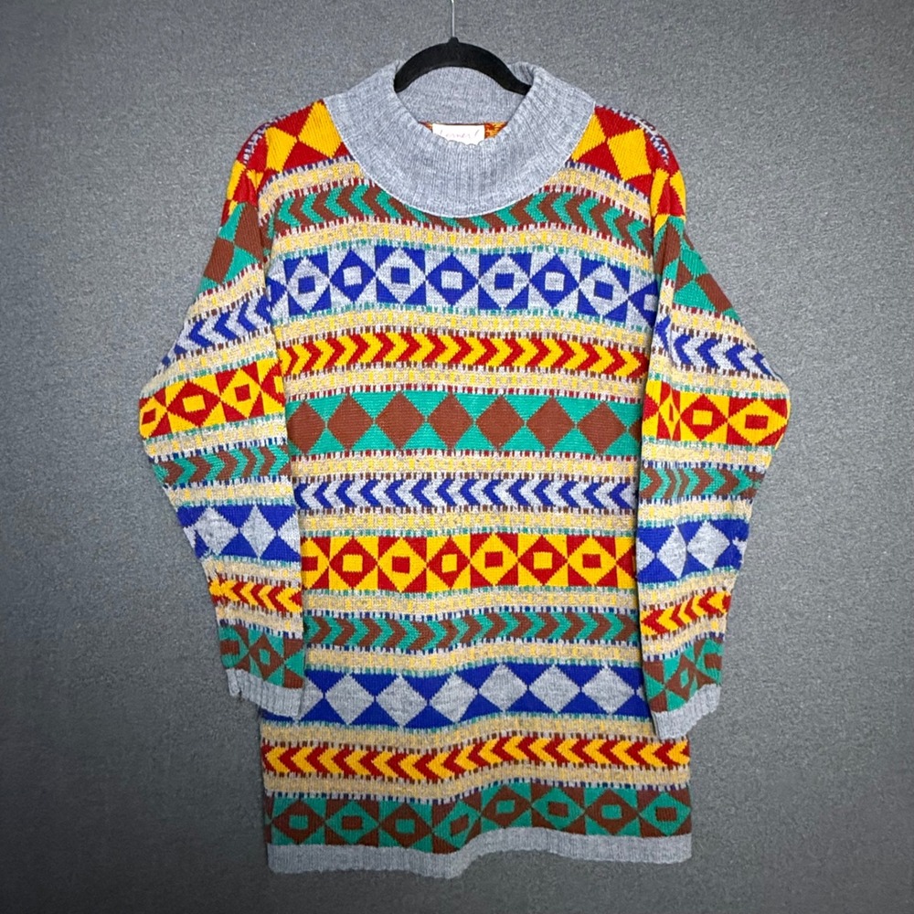 Vintage Lerner USA Geometric Fair Isle 100% Wool Mock Neck Knit Sweater XL